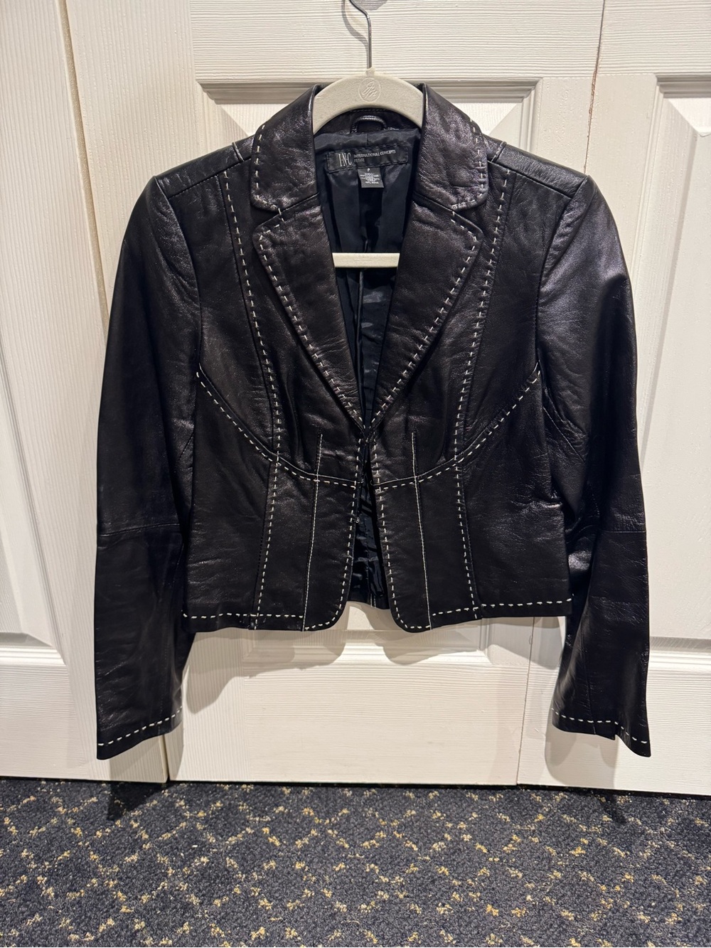 INC International Concepts Black Leather Blazer with White Stitching